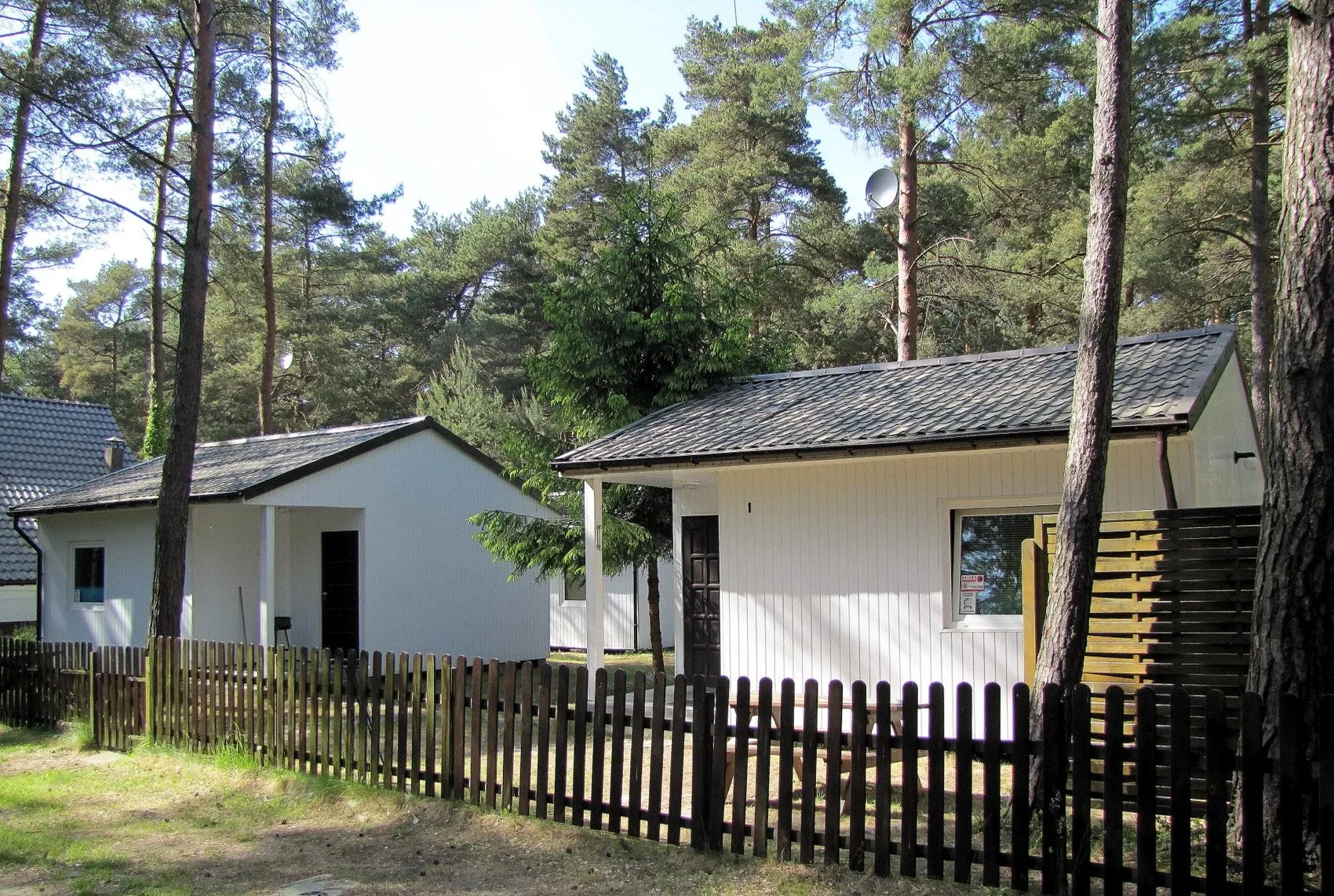 Domki Star Camp wśród sosen, za drewnianym płotem